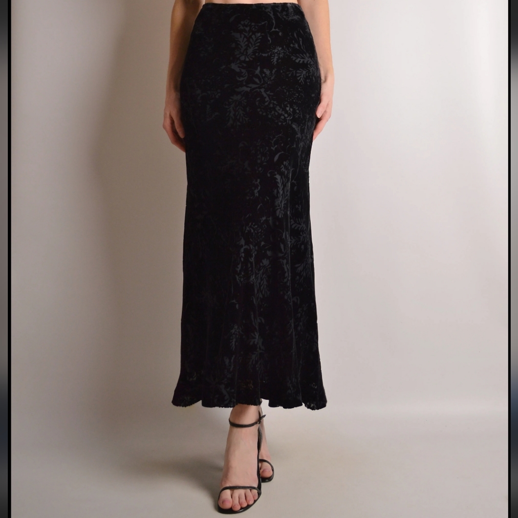 Ralph Lauren Black Floral Print Velvet Velour Skirt - Y2k 1990s Vintage Size 16w